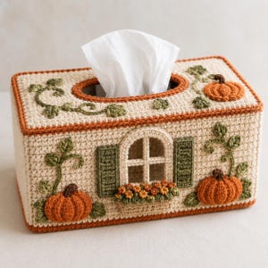 May include: A rectangular crochet tissue box cover in cream yarn with orange pumpkin motifs, green vines, and a central window design featuring green shutters and a small planter box filled with orange flowers, all bordered by an orange yarn trim.