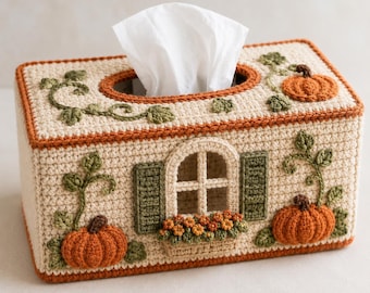 Crochet Tissue Box Cover Pattern, Autumn Cottage Window, Pumpkins, PDF (Digital Download) ,PDF