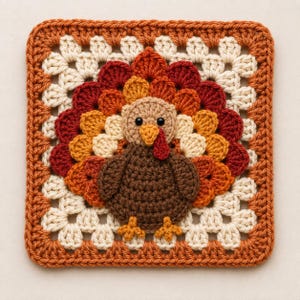 May include: A square crochet granny square featuring a central turkey motif. The turkey has a brown body, yellow beak, red wattle, and black eyes. The tail feathers are layered in shades of red, orange, and yellow. The border is cream and brown.