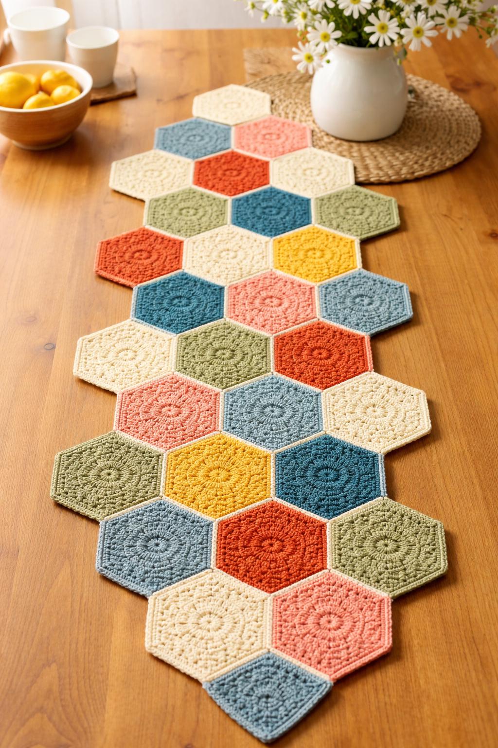 38 Table Runner Crochet Patterns to Refresh Your Home with Handmade Texture 7 Crochet Hexagon Table Runner