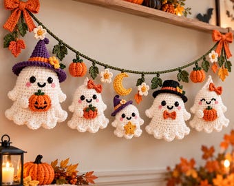 Halloween Crochet Garland Pattern, Ghost Family Garland , Pumpkin Decor Autumn Wall Hanging,PDF