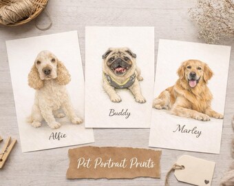 May include: Three pet portrait prints featuring a Cocker Spaniel named Alfie, a Pug named Buddy, and a Golden Retriever named Marley. The prints are displayed on a light wooden surface, with a tag that reads "Pet Portrait Prints".