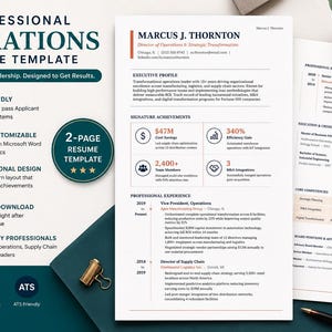 May include: A two-page resume template titled "Professional Operations Resume Template." The design is ATS-friendly, fully customizable, and offers an instant download. The resume highlights leadership and is designed to get results.