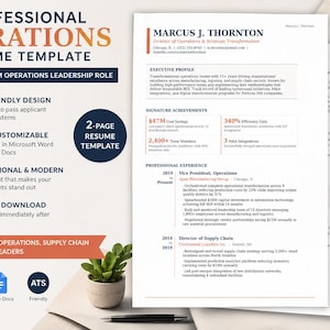 May include: Professional operations resume template with a clean layout. Features include ATS-friendly design, fully customizable, and instant download. The template is designed for operations, supply chain, and logistics leaders.