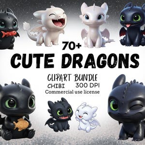 May include: A digital clipart bundle featuring 70+ chibi dragon illustrations. The image displays various black and white dragons with large eyes, some holding fish. Text reads: 70+ CUTE DRAGONS, CLIPART BUNDLE, CHIBI, 300 DPI, Commercial use license.