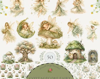 Cottagecore Fairy Clipart Bundle PNG, Watercolor Art, Woodland Mushroom House Clipart, Enchanted Garden Graphics