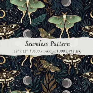 May include: Seamless pattern featuring moths, moons, and constellations on a dark background. The design includes green and gold moths, crescent moons, and star patterns. The text "Seamless Pattern" is displayed on a banner. The pattern is 12" x 12".