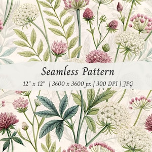 Op de afbeelding: Naadloos patroon met aquarel illustraties van verschillende wilde bloemen in roze, wit en groen. Het ontwerp bevat klaver en andere bloemelementen. De afbeelding is 30,48 cm x 30,48 cm groot en heeft de tekst "Seamless Pattern".