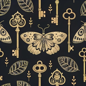 Gotiskt guldfärgat damastmönster med malnycklar och löv PNG, sublimeringsdesign i mörk bomull (digital nedladdning)