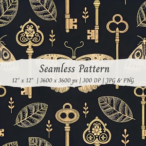 Gotisch gouden vlindersleutels laat damastpatroon achter, naadloos Dark Academia-ontwerp, png JPG