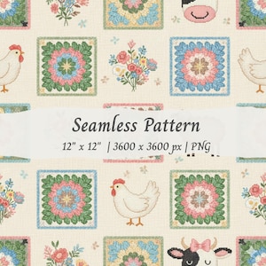 May include: A seamless pattern with repeating squares of floral and animal designs. The pattern includes squares with flowers, chickens, and cows. The text "Seamless Pattern" is displayed. The pattern is 30.48 cm x 30.48 cm.