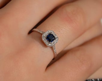 Princess Cut Blue Sapphire Ring 0.53ct, Natural Diamond 14K Solid Gold Engagement Ring for Her, F Color SI, GIA or HRD Cert