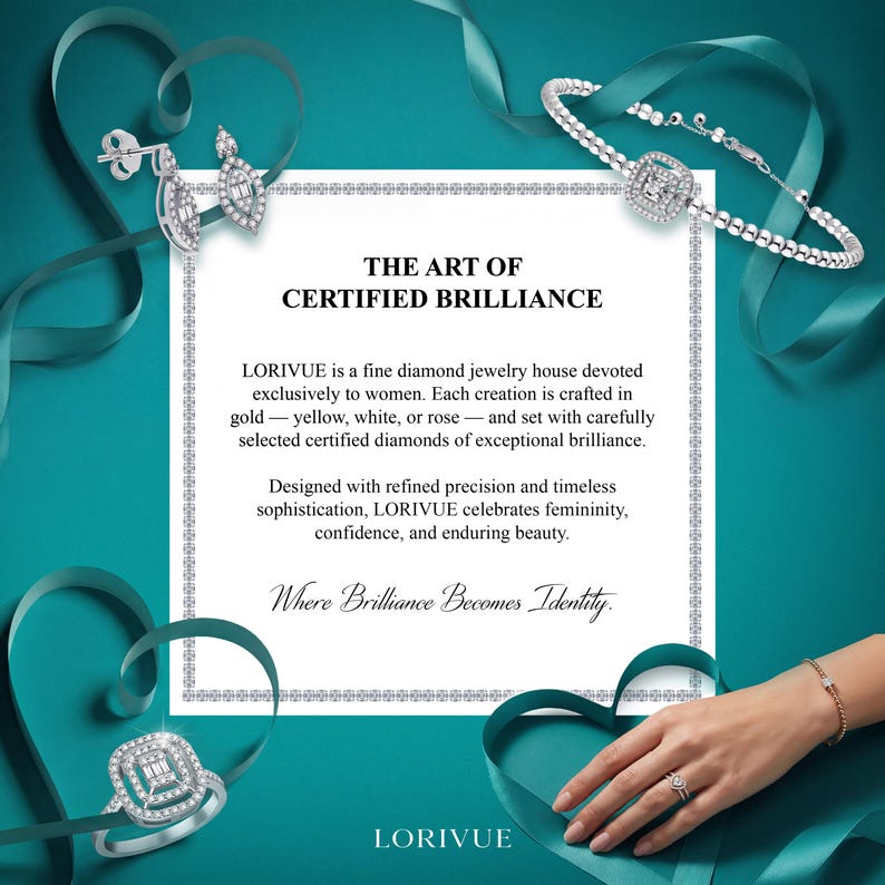a collection of jewelry, including rings and necklaces, set against a teal background.
