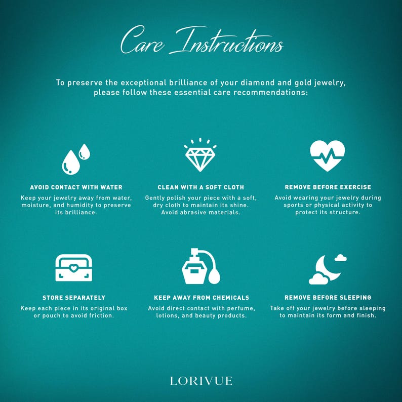 a set of care instructions for preserving the exceptional brilliance of diamond and gold jewelry. The instructions include avoiding contact with water, gently cleaning the jewelry with a soft cloth, removing before exercise, storing separately, keeping away from chemicals, and removing before sleeping.