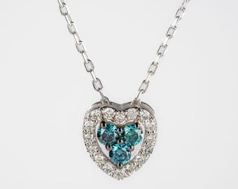 Natural Blue Diamond Heart Necklace 14K Solid Gold, Real Diamond Pendant for Her, Earth Mined F Color SI, GIA or HRD Cert, Anniversary Gift