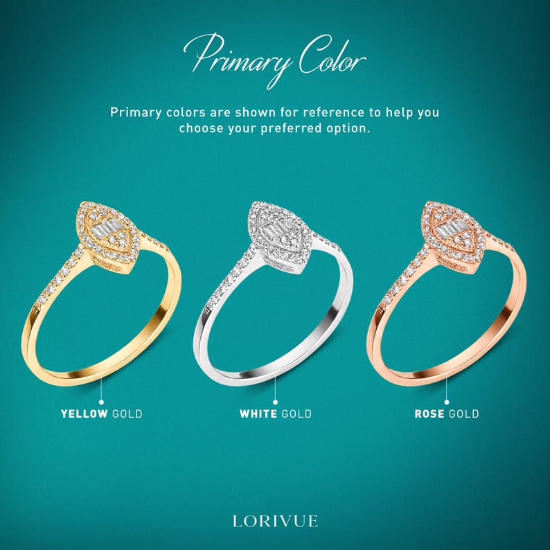 three different colored diamond rings against a teal background.