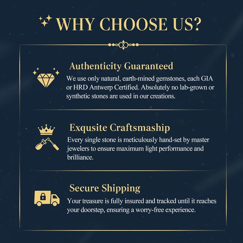 The image is a promotional graphic with text and icons, likely used to advertise a jewelry store or service. The text includes the questions "Why choose us?" and highlights the store's commitment to using natural, earth-mined gemstones, offering an exclusive craftsmanship, and ensuring secure shipping.