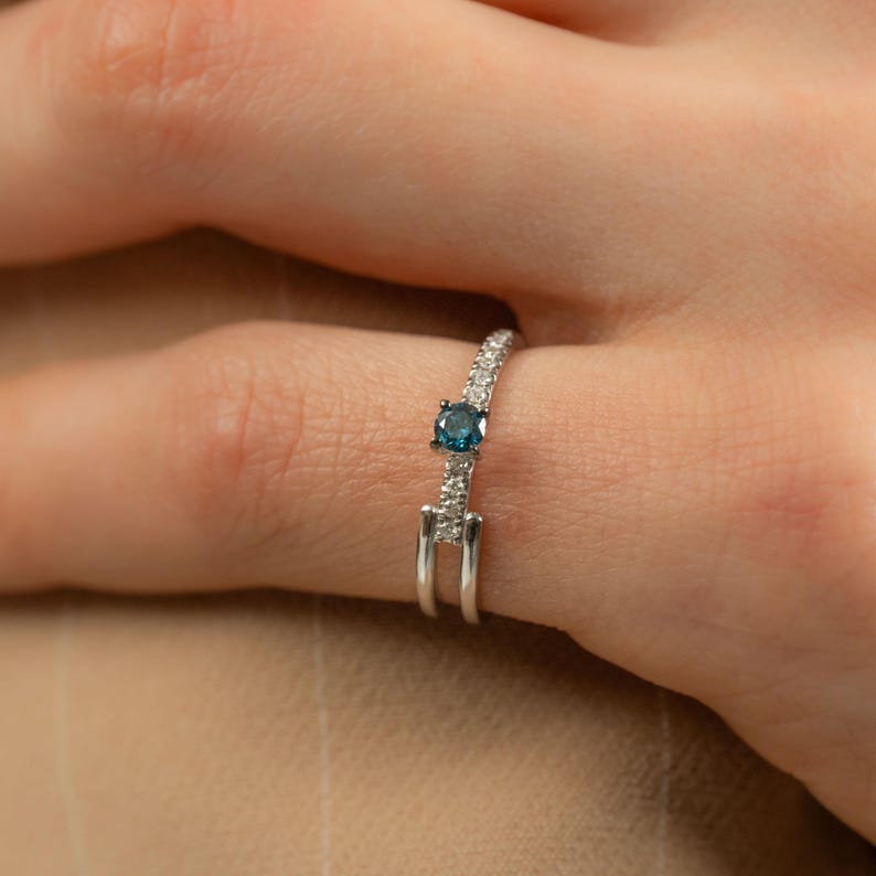 Natural Blue Diamond 14K Gold Ring 0.20ct, Earth Mined Real Stone , GIA or HRD Certified, F SI Double Band Engagement Gift, Handmade Jewelry image 10