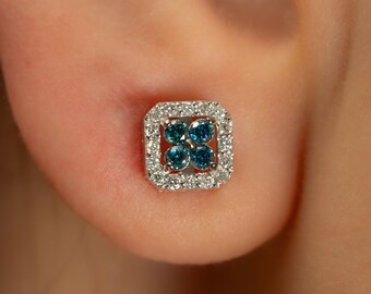 Natural Blue Diamond Earrings 14K Gold Square Halo Studs Anniversary Gift for Wife Ear GIA or HRD Cert Earth Mined F SI Handmade Jewelry