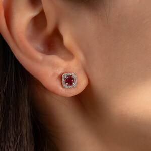 Natural Ruby Diamond Earrings 14K Gold, Square Halo Studs Anniversary Gift for Wife Ear GIA or HRD Cert Natural Earth Mined Handmade Jewelry