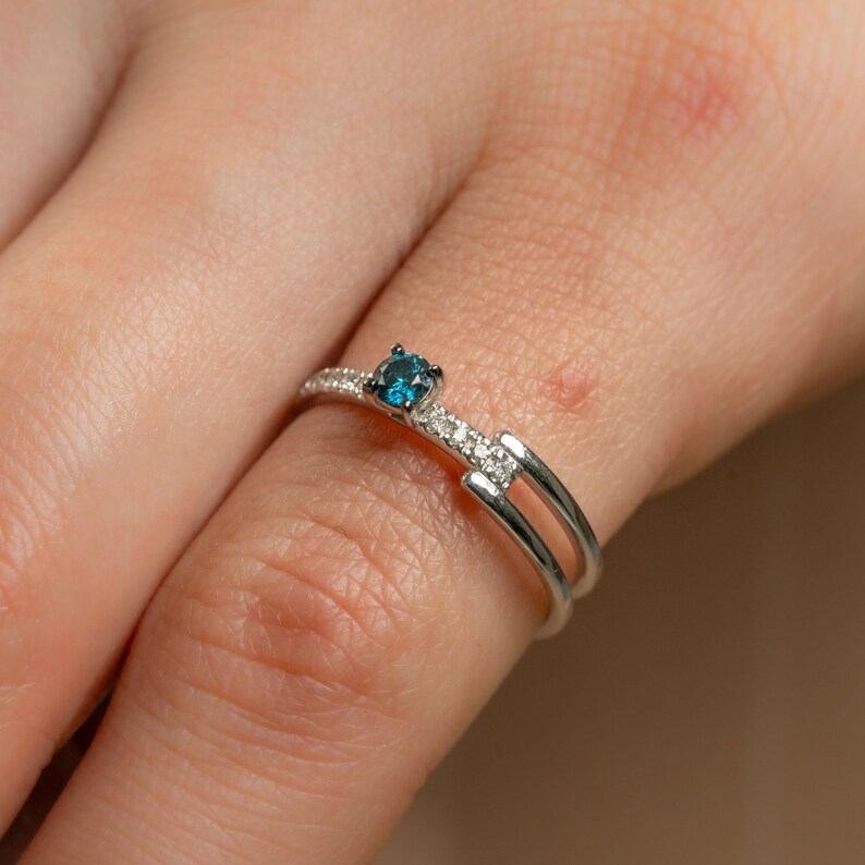 Natural Blue Diamond 14K Gold Ring 0.20ct, Earth Mined Real Stone , GIA or HRD Certified, F SI Double Band Engagement Gift, Handmade Jewelry image 13