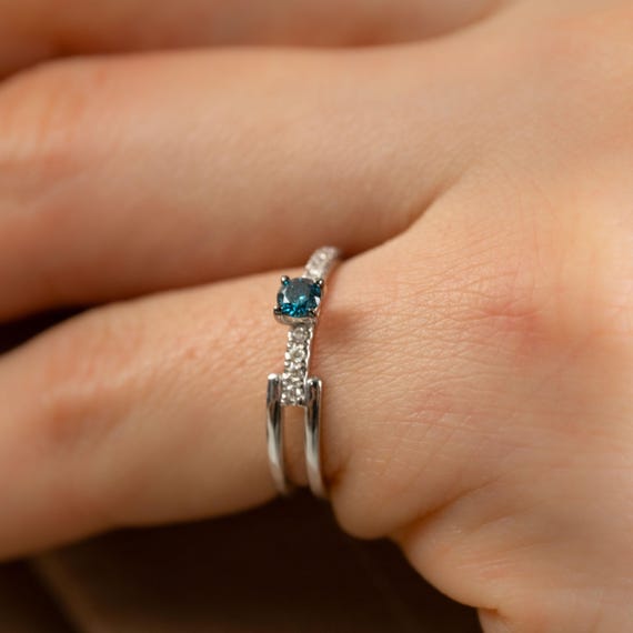 Natural Blue Diamond 14K Gold Ring 0.20ct, Earth Mined Real Stone , GIA or HRD Certified, F SI Double Band Engagement Gift, Handmade Jewelry