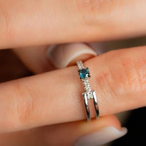 Natural Blue Diamond 14K Gold Ring 0.20ct, Earth Mined Real Stone , GIA or HRD Certified, F SI Double Band Engagement Gift, Handmade Jewelry image 6