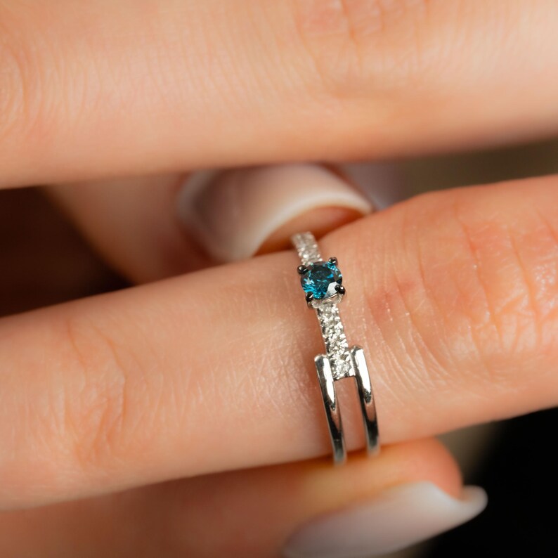 Natural Blue Diamond 14K Gold Ring 0.20ct, Earth Mined Real Stone , GIA or HRD Certified, F SI Double Band Engagement Gift, Handmade Jewelry image 6