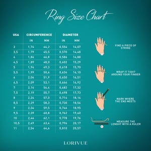 The image is a ring size chart that provides measurements for various finger sizes in millimeters. It includes illustrations of hands wearing different ring sizes and instructions for measuring the length of the ring with a ruler.