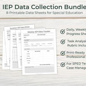 Peut inclure: Ensemble de collecte de données IEP avec 8 feuilles de données imprimables pour l'éducation spécialisée. Comprend des feuilles quotidiennes, hebdomadaires, de comportement et de progrès. Analyse des tâches et rubrique incluses. PDF professionnel prêt à imprimer.