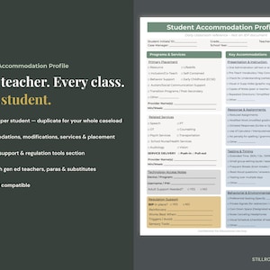 May include: A Student Accommodation Profile document with a green and white design. The document includes sections for programs, services, key accommodations, and testing information. Text on the left reads: IEP & 504 Accommodation Profile. Every teacher. Every class. Every student.