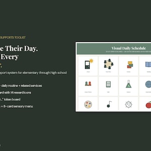 Può includere: Un kit di supporti visivi per la classe su sfondo verde scuro con testo bianco. Il testo recita: Classroom Visual Supports Toolkit, Structure Their Day. Support Every Behavior. Una tabella di pianificazione giornaliera mostra quindici icone colorate.