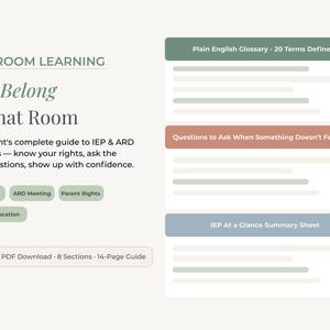 Könnte beinhalten: Digitaler Ratgeber "You Belong in That Room" von Stillroom Learning. Er behandelt IEP- und ARD-Meetings und bietet Einblicke in Rechte und Selbstvertrauen. Enthält ein Glossar, Fragen und ein Übersichtsblatt. Sofortiger PDF-Download.