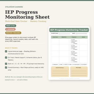 Può includere: Un foglio di monitoraggio dei progressi IEP con una griglia per tracciare gli obiettivi degli studenti e i livelli di padronanza. Il modulo include sezioni per il nome dello studente, la data, le aree obiettivo, lo stato dei progressi e le note.