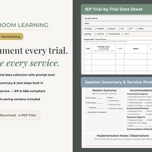 Puede incluir: Descarga digital de una hoja de datos de prueba por prueba de IEP y un protocolo de resumen de sesión y servicio. Estos documentos están diseñados para el seguimiento diario de objetivos.
