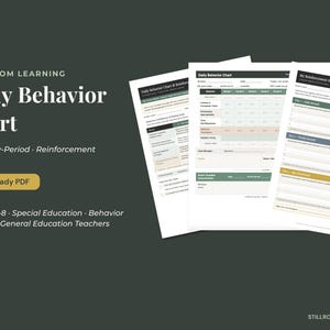 May include: A set of three printed Daily Behavior Chart documents featuring a period-by-period reinforcement system. The pages include tables for tracking student tasks, participation, and self-regulation, with sections for reinforcement menus.