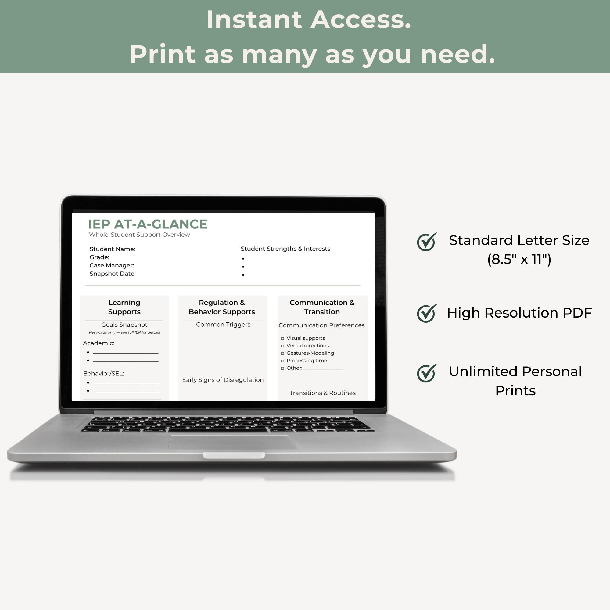IEP at A Glance Printable Pdf | Special Education Teacher Organizer ...