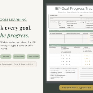 Registro de progreso de objetivos del IEP / PDF rellenable / Recopilación de datos de educación especial / Maestro de educación especial / Seguimiento del progreso