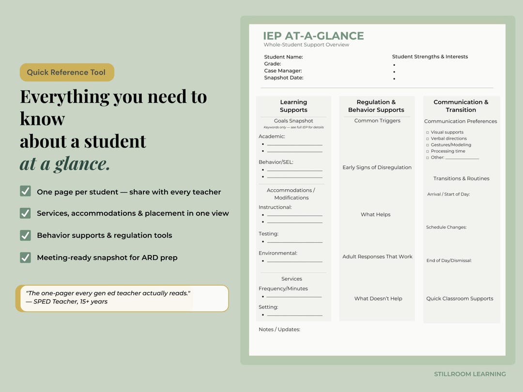 IEP at A Glance | Quick Reference Sheet for Special Education Teachers ...