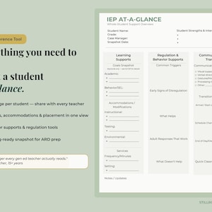 May include: An IEP At-A-Glance document template on a light green background. The form includes sections for student information, learning supports, behavior regulation, and communication preferences. Text includes 'Everything you need to know'.