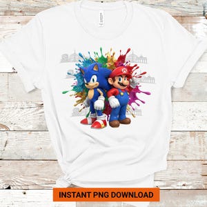 May include: White t-shirt featuring Sonic the Hedgehog and Mario characters with a colorful paint splatter design. The characters are standing side by side. The shirt has the text "INSTANT PNG DOWNLOAD" at the bottom.