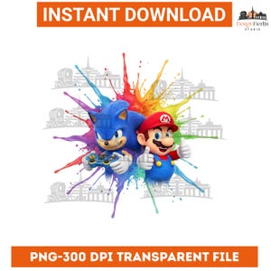 May include: Digital download featuring Sonic the Hedgehog and Mario, set against a vibrant, multicolored paint splash. Sonic holds a blue game controller. Mario gives a thumbs-up. The image includes the text "INSTANT DOWNLOAD" and "PNG-300 DPI TRANSPARENT FILE."
