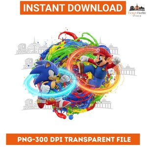 May include: A digital graphic featuring Sonic the Hedgehog and Mario in action, surrounded by colorful paint splashes. The image includes the text "INSTANT DOWNLOAD" and "PNG-300 DPI TRANSPARENT FILE". The characters are set against a white background.