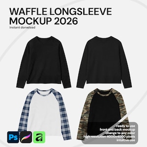 Pode incluir: Uma imagem de maquete mostrando quatro camisas de manga comprida. As camisas incluem um design preto em malha waffle, uma camisa branca com mangas xadrez azuis e uma camisa preta com mangas camufladas. O texto "WAFFLE LONGSLEEVE MOCKUP 2026" está incluído.