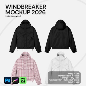 Könnte beinhalten: Ein Mockup-Bild mit vier Windjacken. Zwei schwarze Jacken, eine mit Vorder- und Rückansicht, und zwei zusätzliche Jacken, eine im rosa Karomuster und eine weitere in Weiß. Der Text enthält "WINDBREAKER MOCKUP 2026" und "instant donwload".