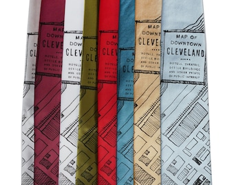 Downtown 1942 Cleveland Map Neckties - on Silver, Wine, White, Olive, Red, Loch Blue, Pale Gold, or Pale Blue