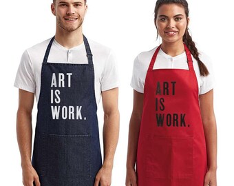 ART IS WORK Studio Aprons - Recycled Indigo, Red, Khaki, or Purple / with Pocket and Adjustable Length Bib Aprons