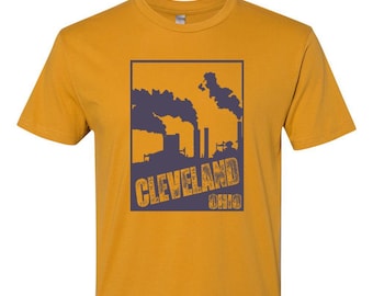 Unisex Antique Gold Tee with Cleveland 'Smokestacks' in Plum Ink