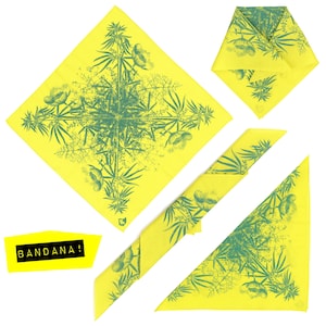 May include: A bright yellow bandana featuring a dark green botanical print of leaves and flowers arranged in a symmetrical pattern. The set includes the bandana displayed flat, folded into a triangle, and rolled. A yellow tag reads BANDANA!
