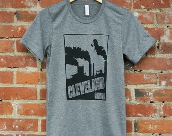Unisex Grey Tri-Blend Supersoft Tee with Cleveland 'Smokestacks' in Black Ink